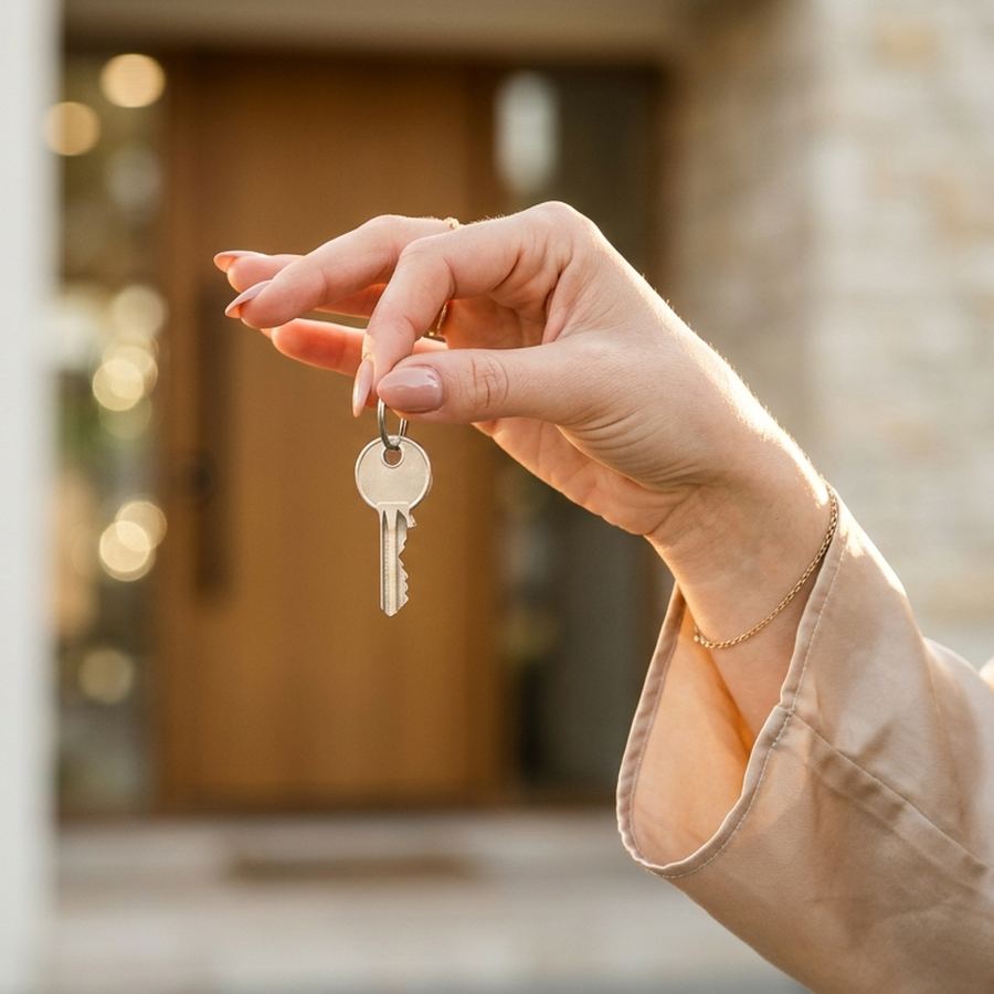Mão feminina segurando a chave de uma casa nova