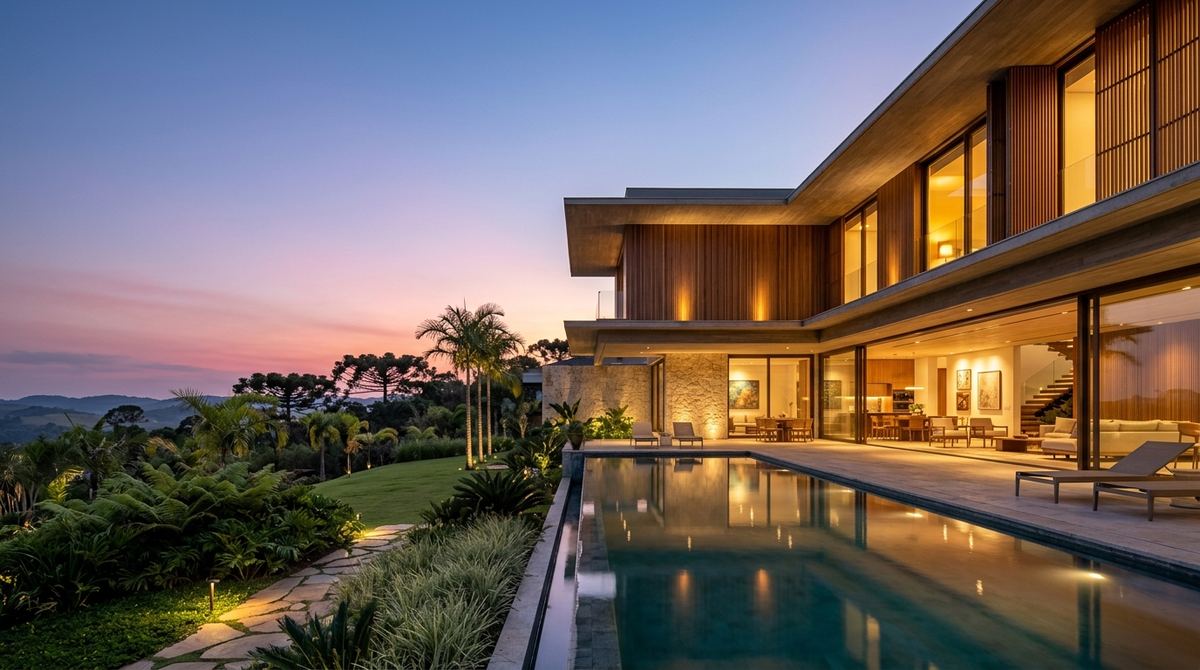 Casa de alto padrão com piscina e araucárias ao entardecer